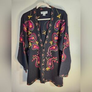 Jacque & Koko Multicolor Embroridered Paisley Knit Cardigan Sz 14/16